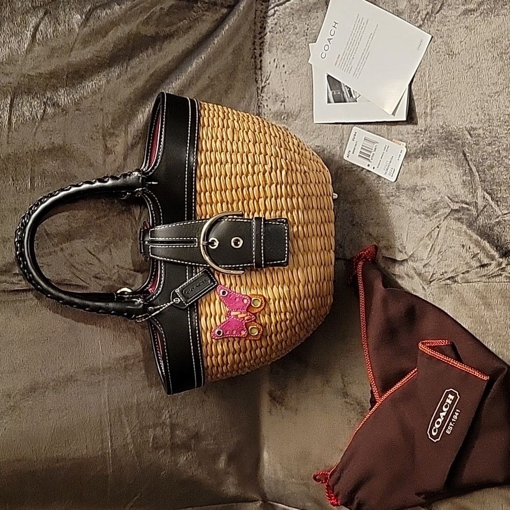 Coach Pink Butterfly Woven Straw and Black Leather Tote